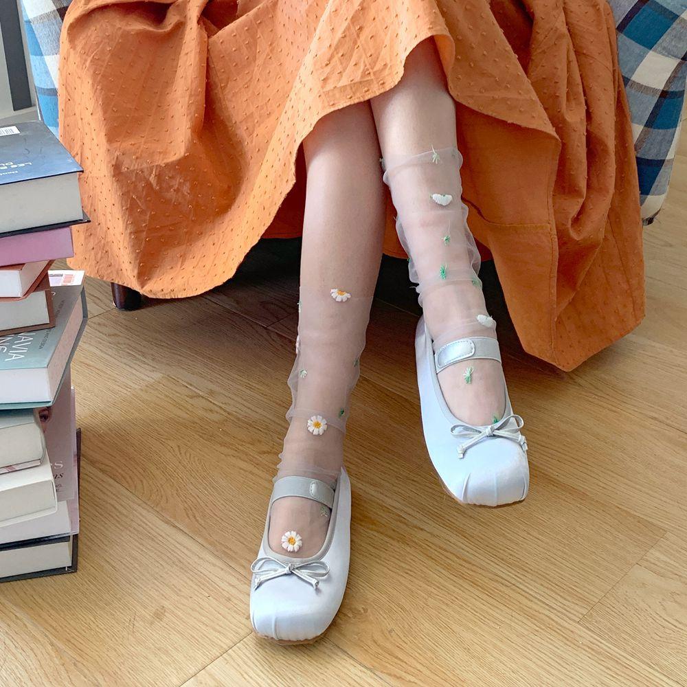 Kawaii Socks Women Summer Ultra-thin Transparent Loose Long Socks Floral Embroidery JK Lolita Sweet Girls Cute Mesh Lace Socks