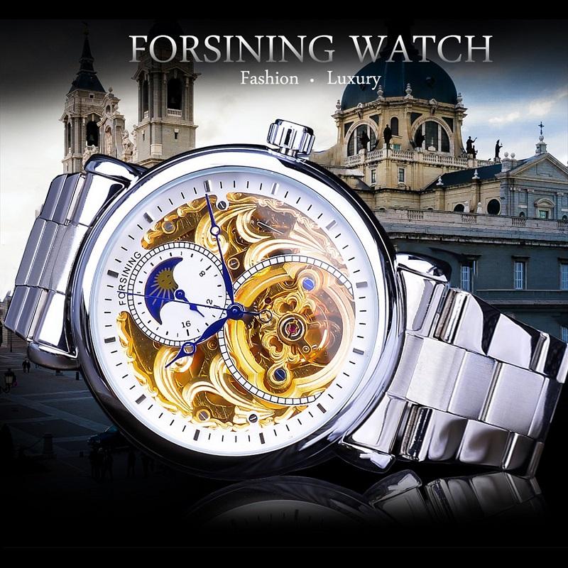 Forsining Мужская мода, отдых, полая луна и механические часы с полой поверхностью