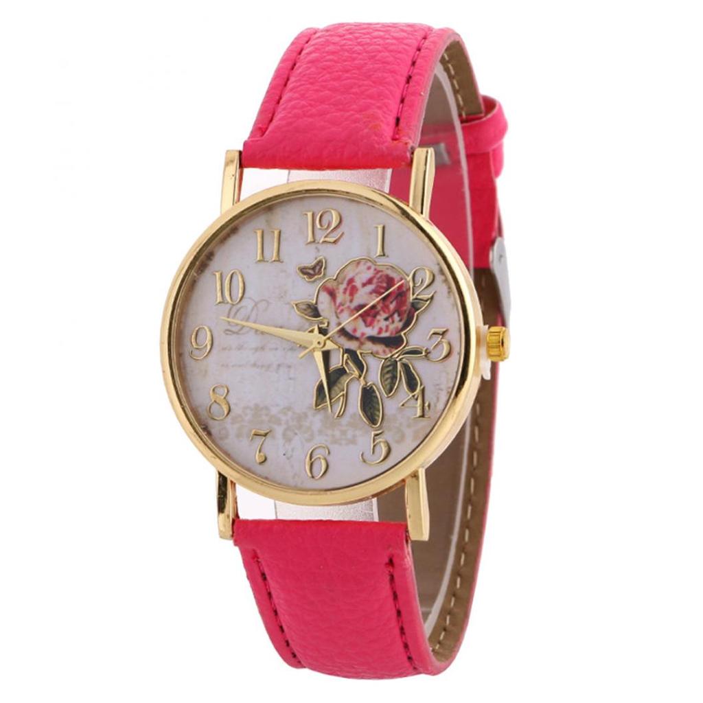 Useful Women Number Rose Flower Round Dial Faux Leather Band Quartz Wrist Watch