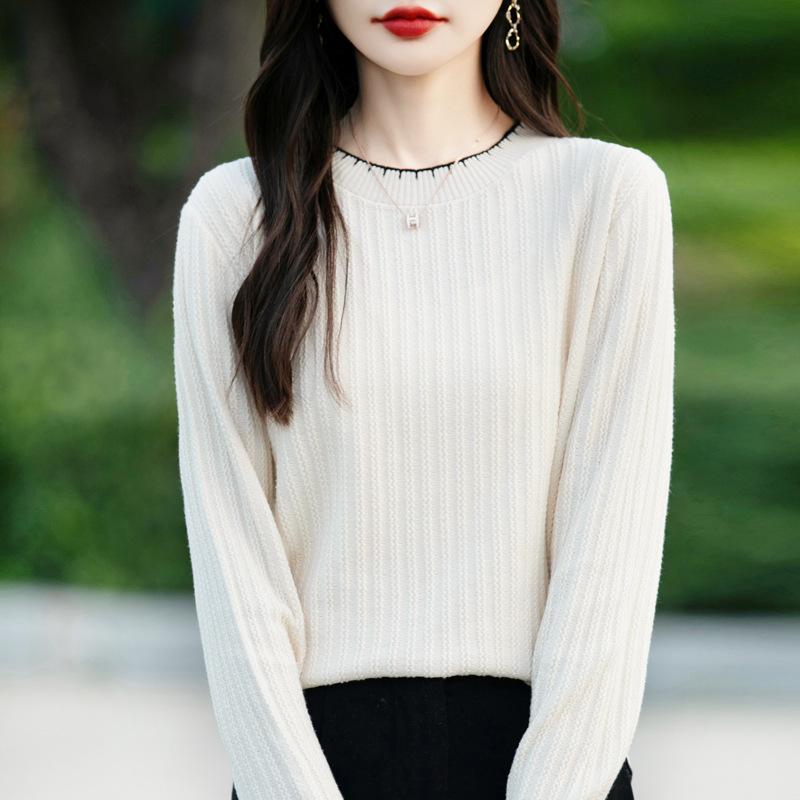 Осень Зима Круглый вырез Повседневный Модный Лоскутный Свитер с низом Женский Однотонный Универсальный Вязаный Топ