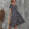 V-образный вырез с мелким цветочным принтом, простота, летняя горячая распродажа, женская одежда, платье с коротким рукавом, средняя юбка