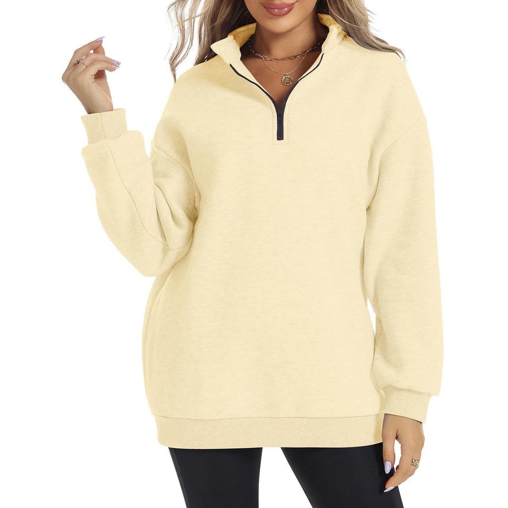 Women's Half Zipper Long Sleeve Sweater Pullover Solid Color Loose Casual Sports Sweater