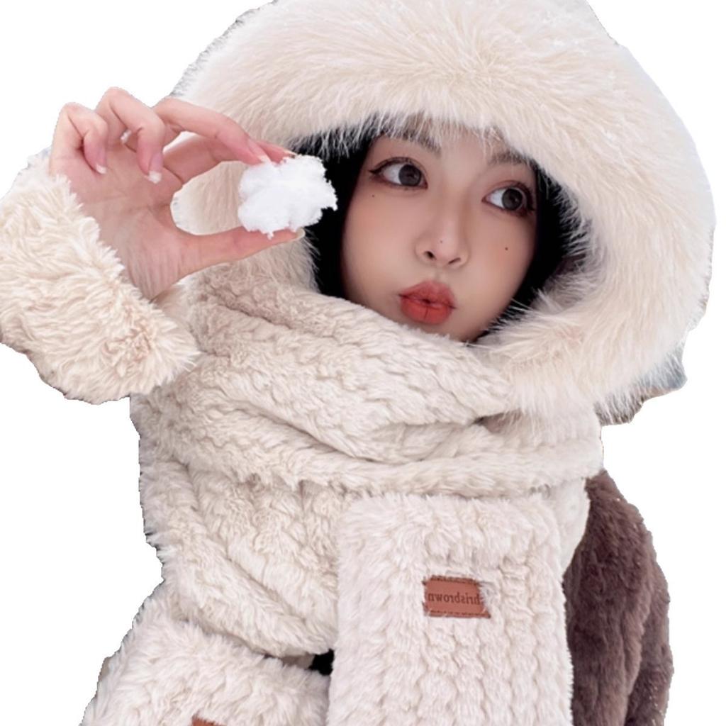 Plush Hat Winter New Hat Scarf Gloves Three Piece Set Integrated Korean Version Cute Thickened Velvet Warm Travel