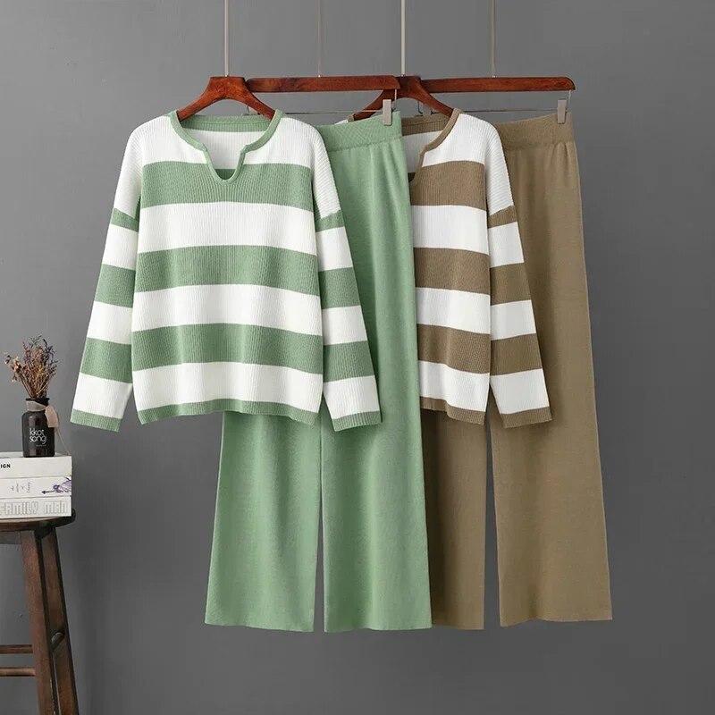 Two-piece Sets Vintage Elegant V-neck Long-sleeved Contrast Striped Knit Sweater Women Tracksuit High Waist Draped Pants Sets