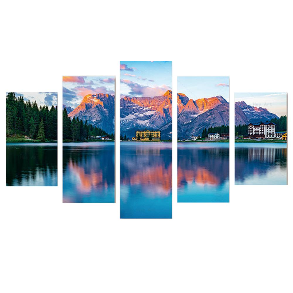 5 Pieces Modern Room Decoration Posters and Prints Mountain Lake Forest Waterfall Wall Art Canvas Painting Home Decor Pictures