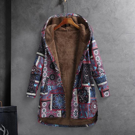 Women's Fleece Jacket Fall Winter Ethnic Printed Hooded Jacket Warm Long Sleeve Outwear Coat with Button Front for Daily Wear Outdoor Activities
