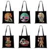 Women Handbag Linen Totes with Japanese Cat Print Casual Traveling Beach Gift Bags