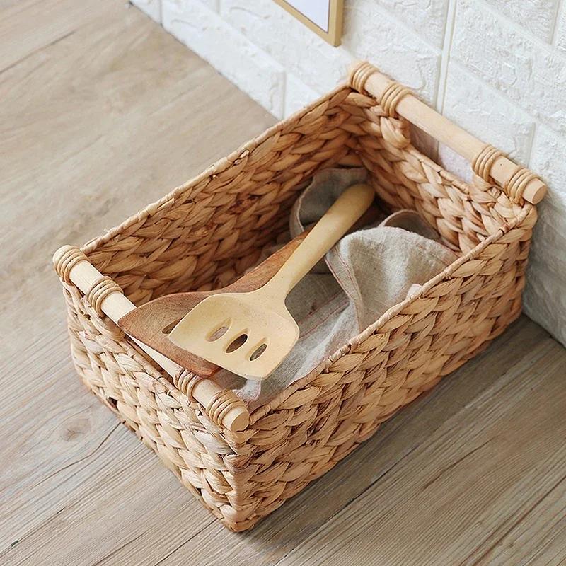 Handmade Woven Storage Box Handle Kitchen Sundry Organizer Laundry Basket Rectangular Closet Organizer Picnic Basket