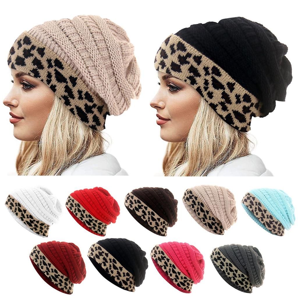 Womens Unisex Knit Winter Thick Leopard Fleece Lined Warm Hats