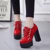 Fashion Spring and Autumn New High-heeled Single Shoes Fashion Solid Lace Up Patent Leather Pumps for Women Chunky Heeled Ladies Shoes