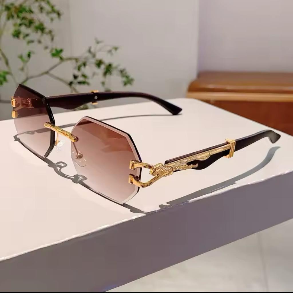 Y2K Rimless Octagon Sunglasses Women Men Luxury Vintage Punk Gold Leopard Head UV400 Sun Glasses