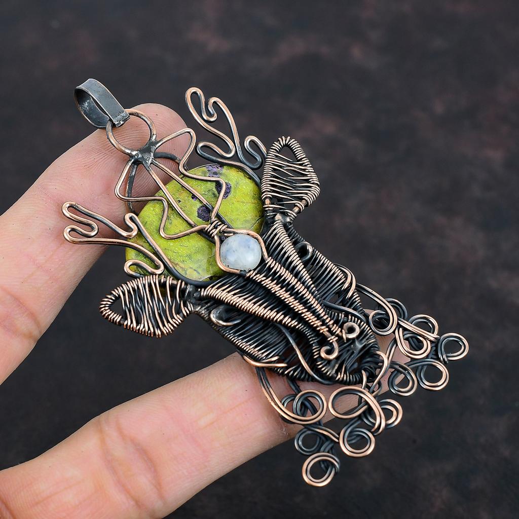 Stichtite Pendant Copper Wire Wrapped Pendant Rainbow Moonstone Copper Jewelry Handmade Pendant Gemstone Deer Face Pendant Anniversary Gifts