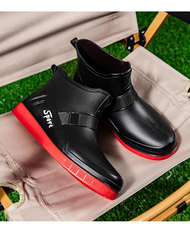 Мужские короткие модные резиновые сапоги - Черные/Красные, средней высоты голенище, со шнурком, светоотражающие резиновые сапоги для ходьбы по воде и рыбалки.