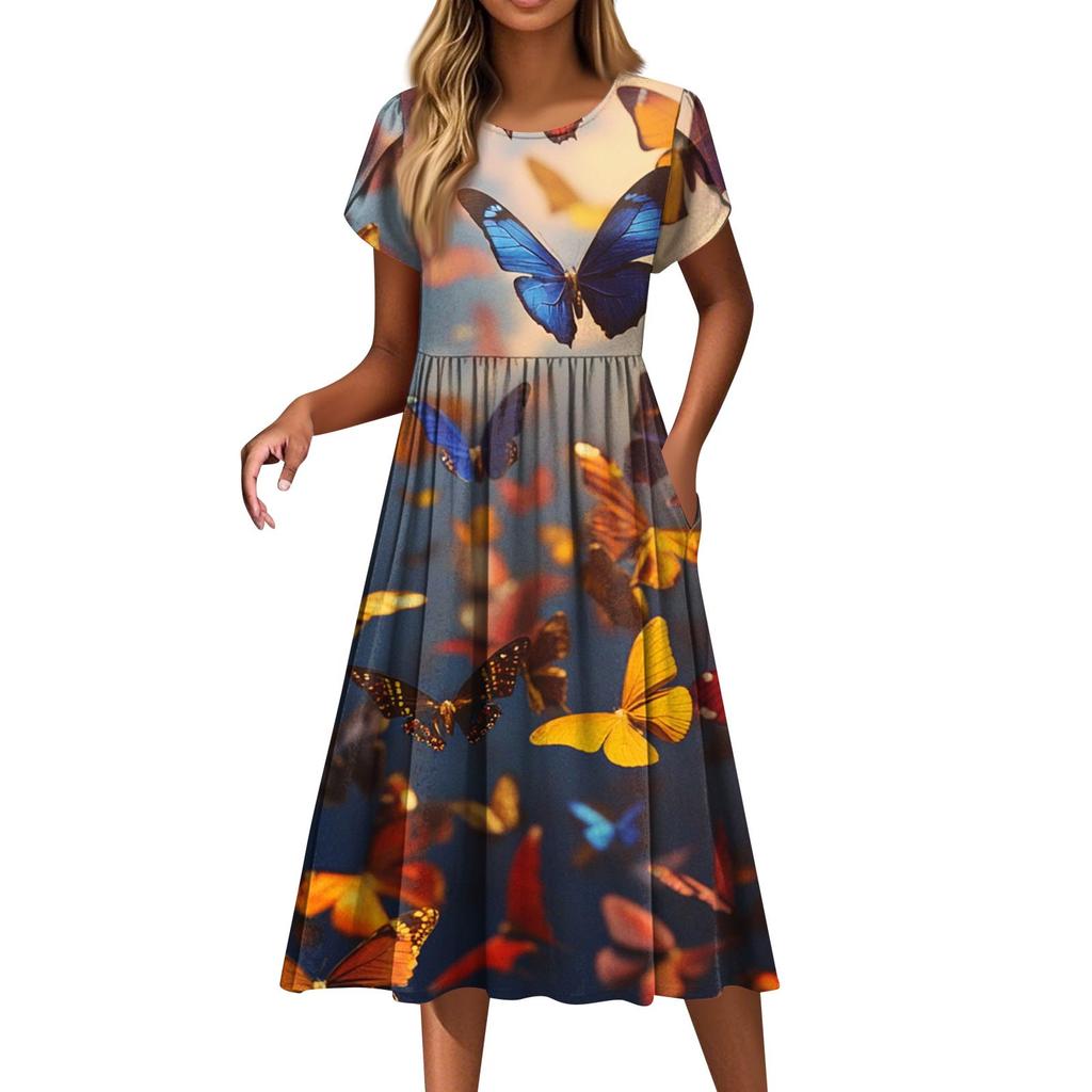 Women's Fashion Casual Loose Printed Round Neck Pocket Short Sleeve Dresses