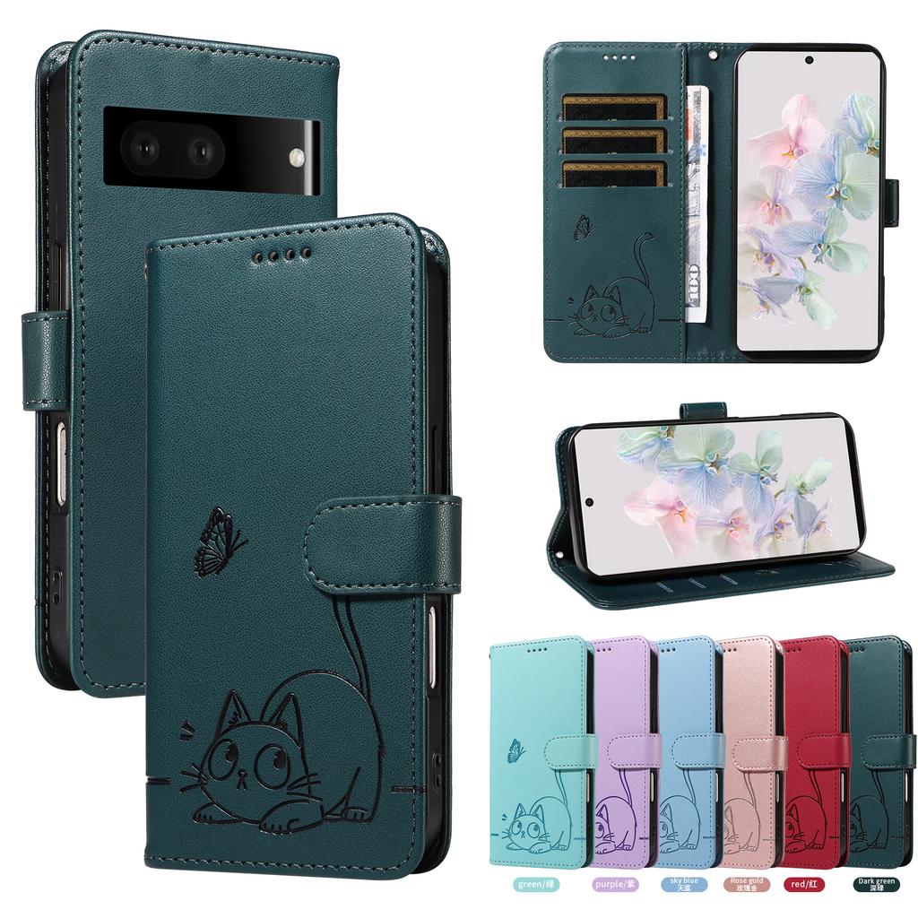 Magnetic Wallet Flip Leather Case for Google Pixel 7 7A 5G 8 8A 9 9A Pro XL Phone Cover | Cute Cat Embossed Design & Card Slots
