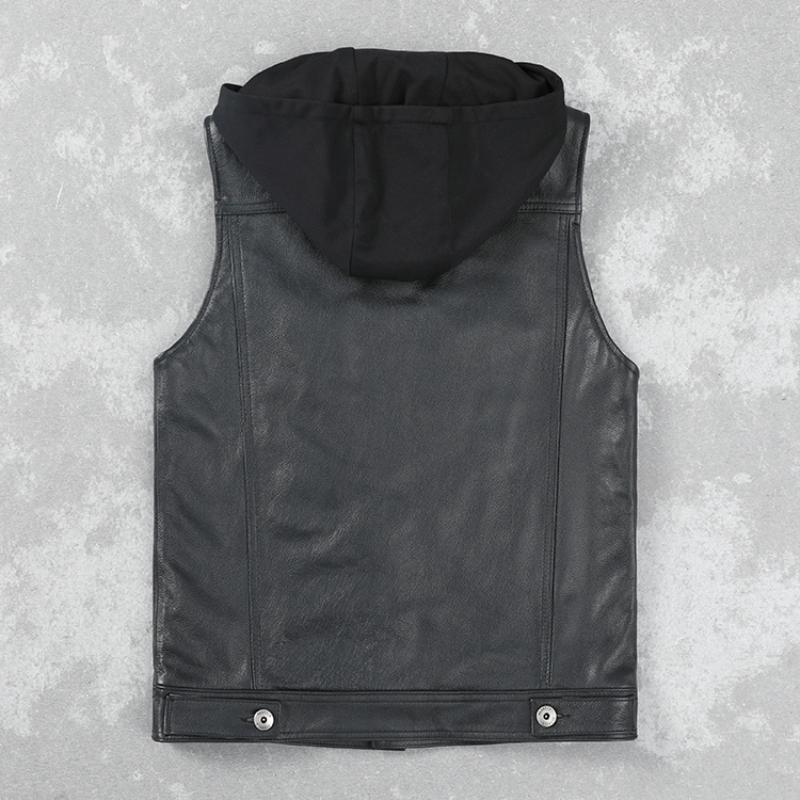 Черный винтажный коричневый жилет из натуральной коровьей кожи, мужской модный тонкий жилет из воловьей кожи, кожаный жилет без рукавов с капюшоном