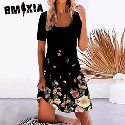 Женское платье с короткими рукавами и круглым вырезом с цветочным принтом