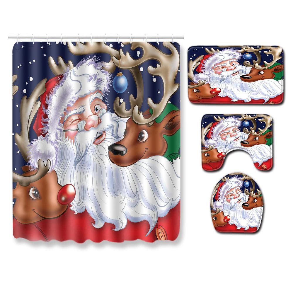 Christmas Home Shower Curtain Polyester Cloth Four-Piece Toilet Floor Mat Bathroom Non-Slip Door Mat Bedroom Carpet