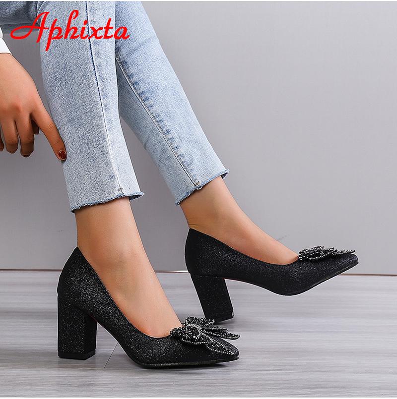 Fashion Aphixta New Appliques 7cm Square Heel Shoes Women Pumps Bling Butterfly-knot Flowers Officile Pointed Toe Super Big Size 49 50