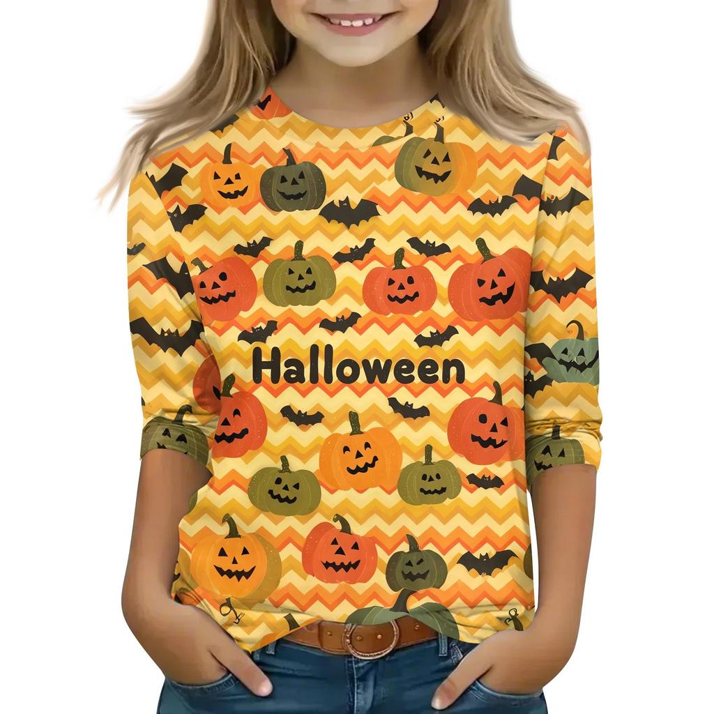 Детские топы с рукавом 3/4, повседневная футболка с принтом на Хэллоуин, пуловер-блузка с круглым вырезом