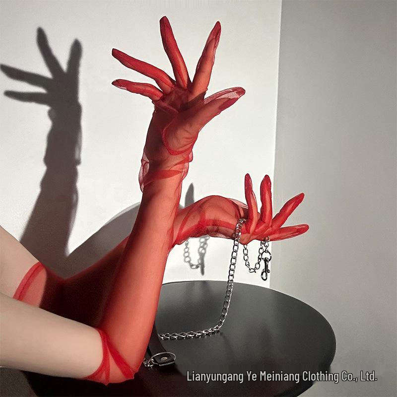 Элегантные полупрозрачные перчатки винного цвета для женщин - Летние свадебные перчатки до локтя - Линжери