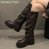 Platform Women High Boots Designer Leather Mid Heels Shoes 2025 Trend Knee High Chunky Classic Winter Motorcycle Botas De Mujer