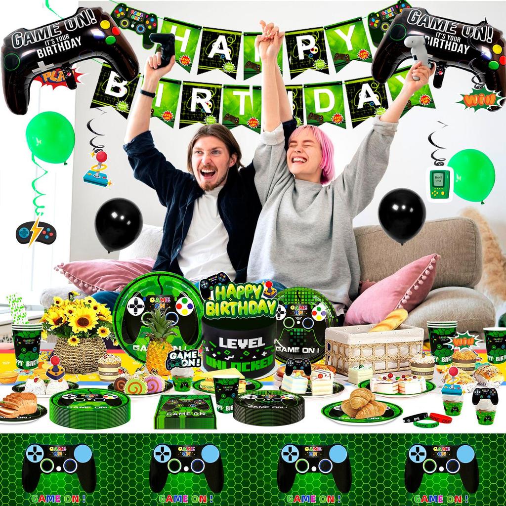Gaming Birthday Party Supplies for kids,Video Game Party Decorations&Tableware Set-Plates Cups Tablecloth Balloons Banner Etc Party Supplies