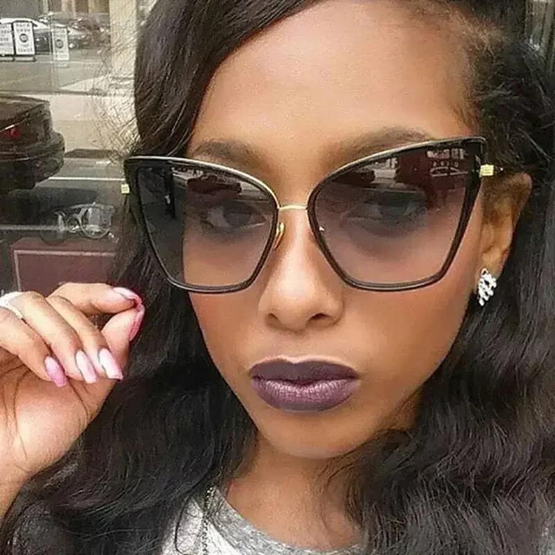 Металлические Ретро Оверсайз Солнцезащитные очки Женские Сексуальные Кошачий глаз Роскошные Солнцезащитные очки Женские Черные Градиентные Винтажные Женские