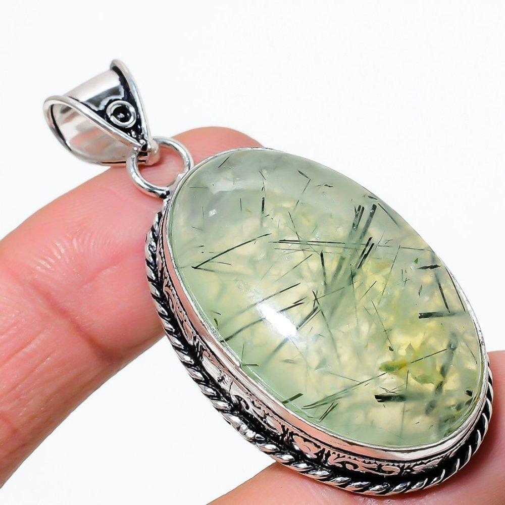 Natural Moss Prehnite Gemstone 925 Sterling Silver Gift Pendant 2.29" U2e83