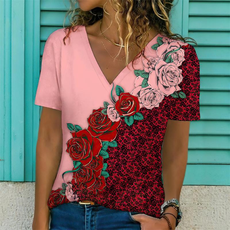 Новинка 2024 года, женская футболка с цветочным принтом, топ больших размеров, женская трендовая одежда, модная рубашка с коротким рукавом, большая блузка с v-образным вырезом