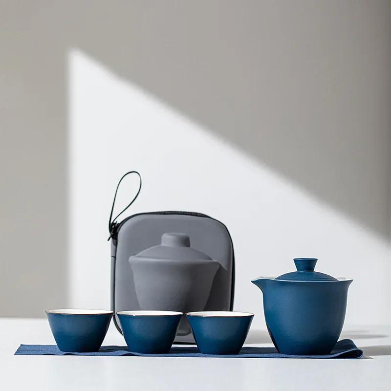 Портативный чайник, чайный набор, дорожный чайный набор, керамическая посуда для кунг-фу, походная переносная сумка, китайский чайный набор, 1 миска, 3 чашки