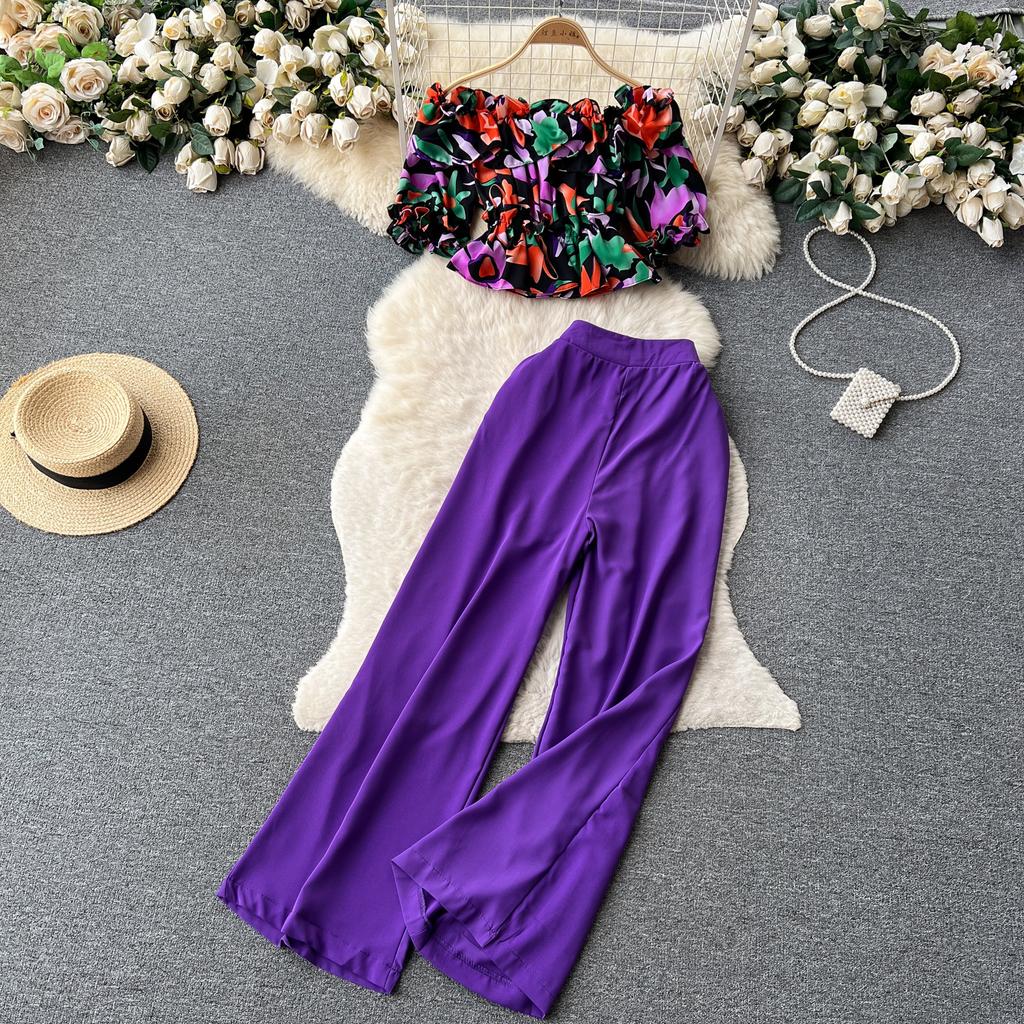 Модный французский костюм-рубашка на одно плечо с оборками и цветочным принтом, женский тонкий широкий брючный костюм с высокой талией