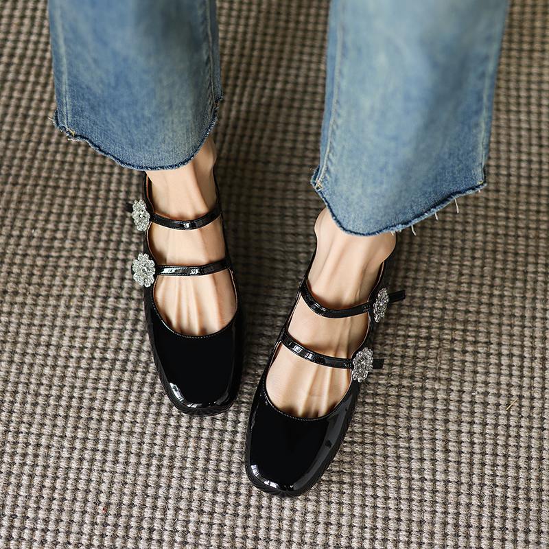 Krazing Pot Туфли-лодочки Mary Janes из овчины, весна-лето, размер 41, на толстом низком каблуке, женские, с квадратным носком, с кристаллами и цветами