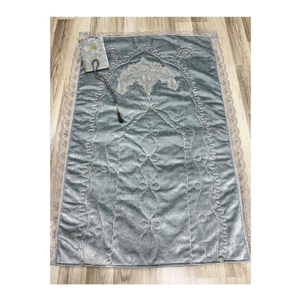 French Laced 3 Piece Embroidered Velvet Dowry Bridal Set Prayer Rug