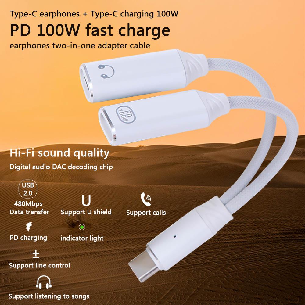 2 in 1 Design Type C Splitter Audio Cable 2 in 1 USB Type C Audio Cable Headphone Use