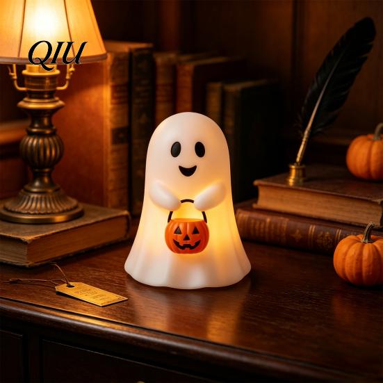 Indoor Outdoor Halloween Accents Cute Ghost Holding Pumpkin Bucket Table Lamp, Spooky Bedside Festival Atmosphere Supplies Small LED Night Light