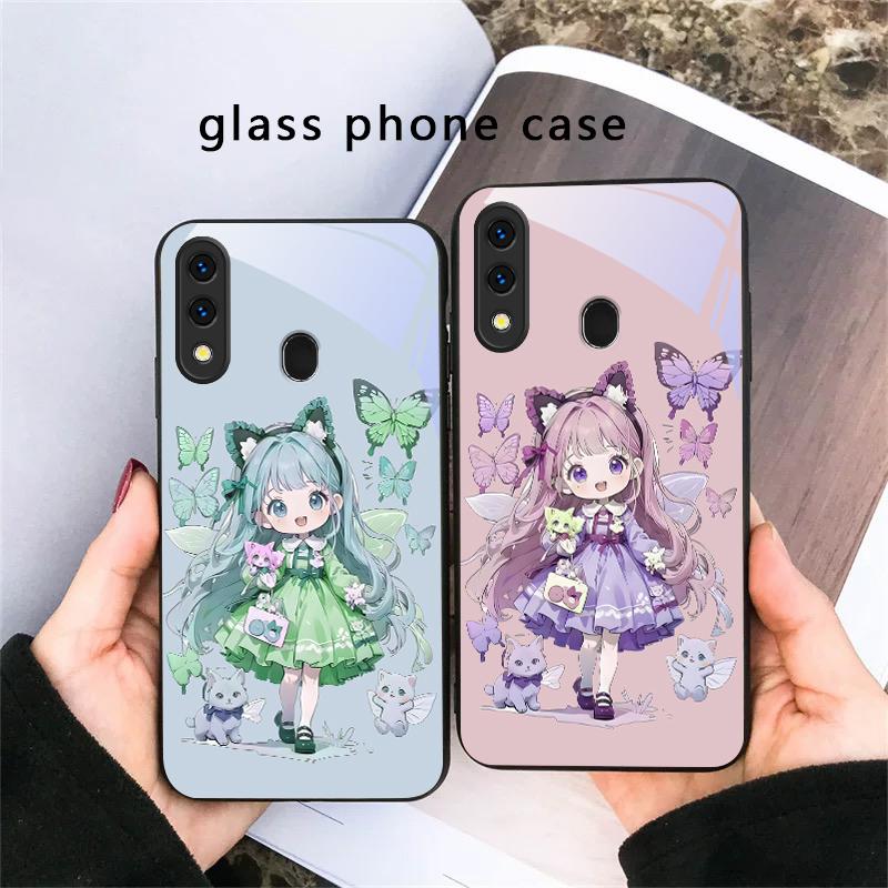 Q-версия Синяя Бабочка Для Samsung Galaxy A30 A31 A32 A33 A34 A35 A42 A30s A20 A25 A26 A51 A56 A54 A72 A73 70 Стеклянный Чехол для Телефона