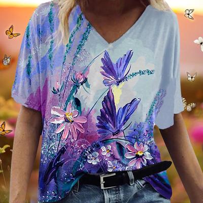 Модные весенние блузки с принтом бабочек, футболки с коротким рукавом и V-образным вырезом, повседневные