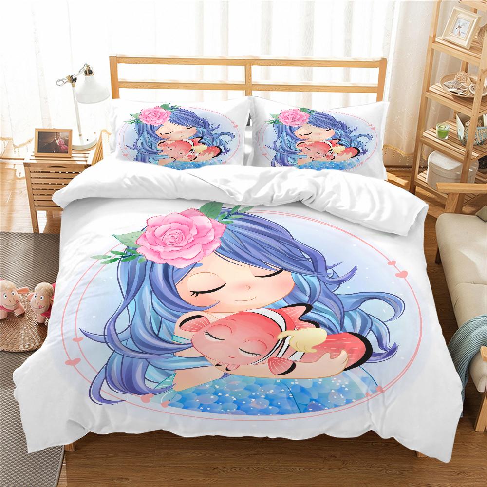 Mermaid Bedding 3D Girl Princess Room Duvet Cover Pillowcase 2/3pcs Single/double Bed Full-size Home Textile Girl Woman Gift