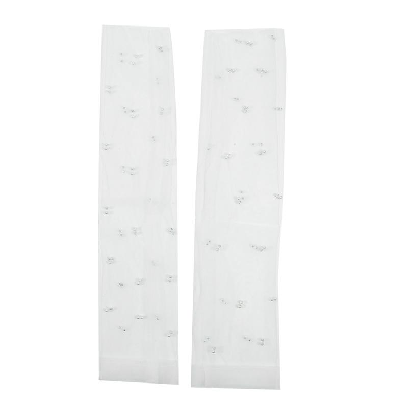 White Tulle Gloves Wedding Pearl Long Bridal Sheer Sleeves Elbow Length Lace Fingerless Gloves Mesh Dress Arm Gloves for Brides Costume Dance Party