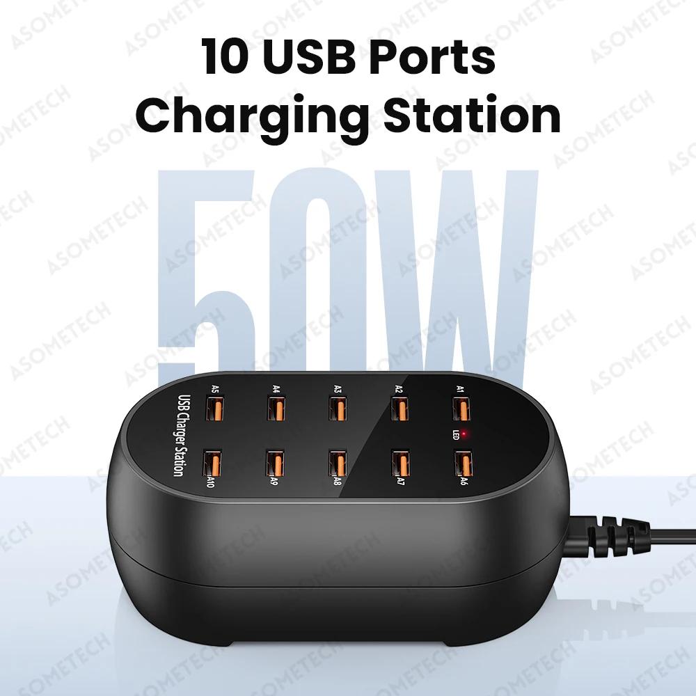 10-портовое USB-зарядное устройство 100 В-240 В, вилка EU, US, KR, UK, настольная USB-зарядная станция для нескольких устройств iPhone, Samsung, Xiaomi