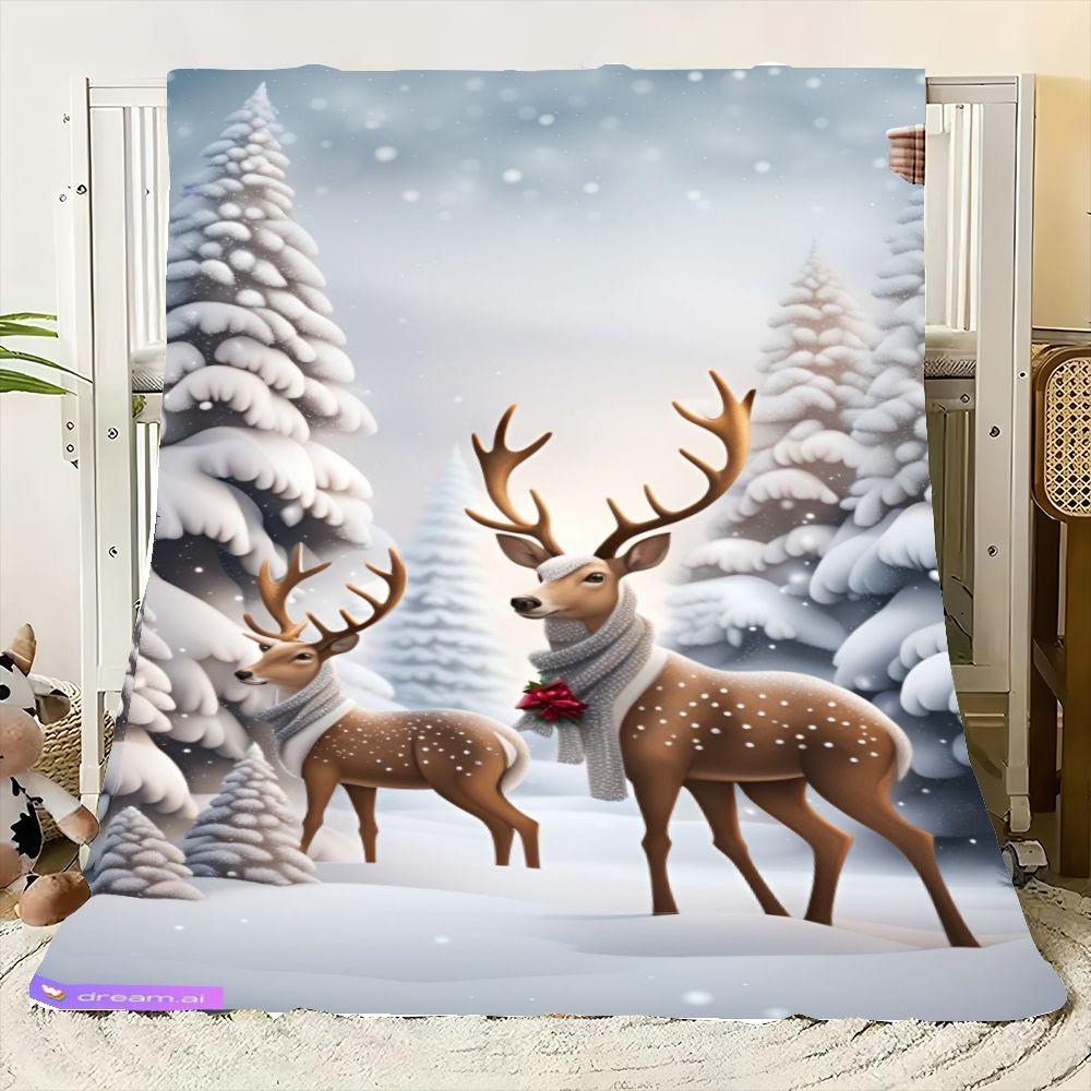 Зимняя сказка Олень Уютный флисовый плед - Мягкий дизайн заснеженного леса с очаровательными коричневыми оленями в серых шарфах - Идеально для