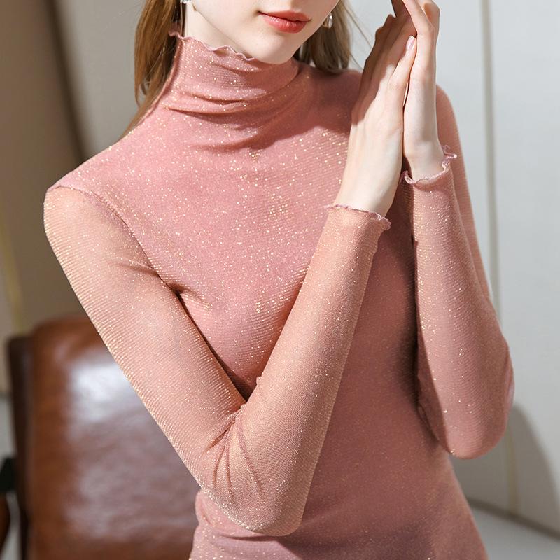 Women Long Sleeve Blouse Spring Autumn Lace Shirts Casual Blouses Long Sleeve Patchwork Spliced Turtleneck Blusas Tops