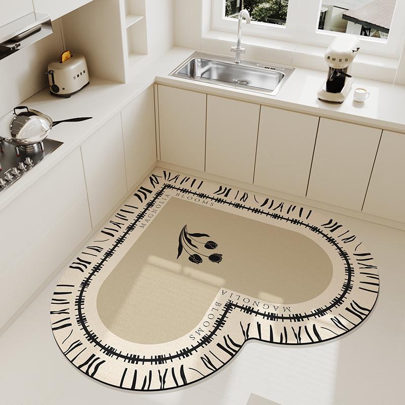 Creative Beige Heart Pattern Kitchen Floor Mat Cream Style Irregular Decoration Home Carpet Easy To Clean Easy Care PVC Foot Mat
