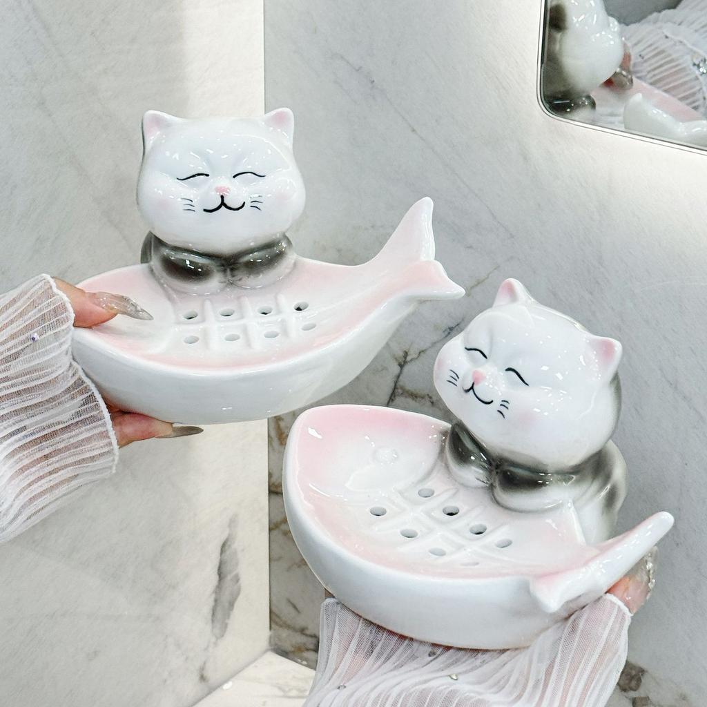 Милый кот керамическая мыльница слив бытовая мультяшная ванная мыльница мыльница керамическая полка аксессуары для украшения ванной комнаты