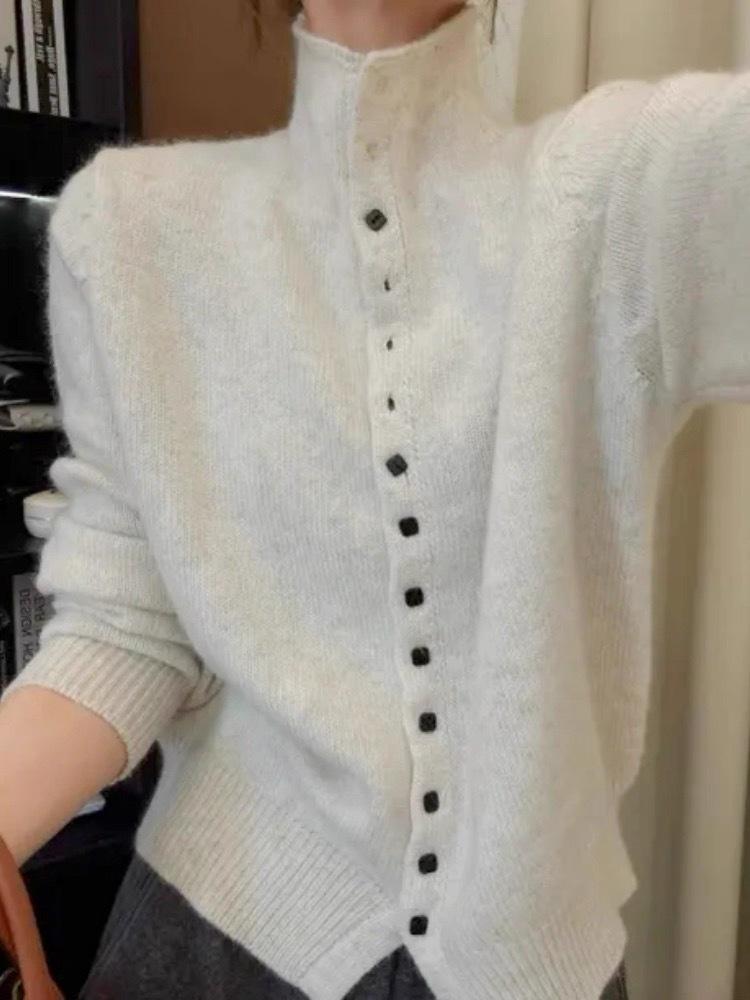 Elegant 100% Wool Stand Collar Sweater Cardigan for Women - Chic & Age-Reducing Style