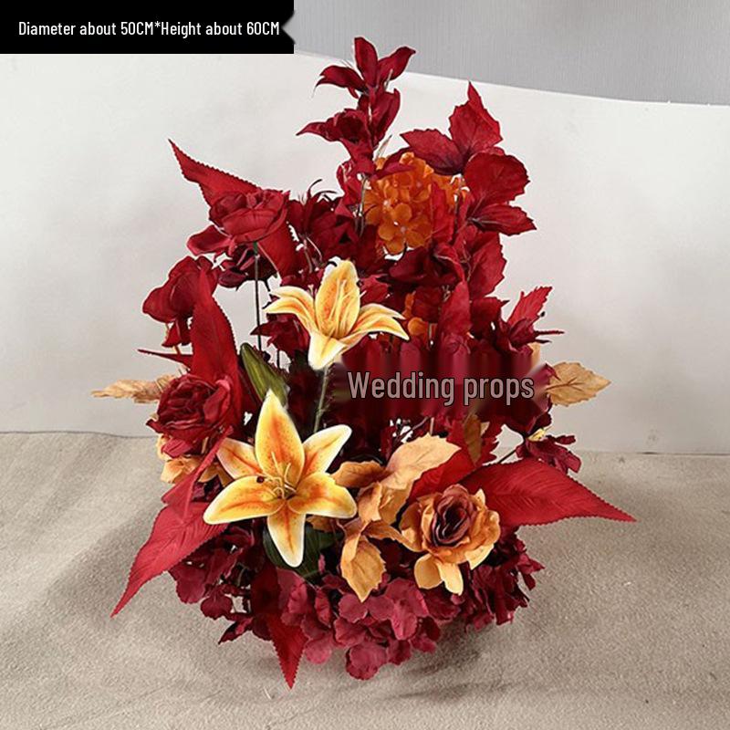 Red Floral Wedding Stage Backdrop with Artificial Flower Rows