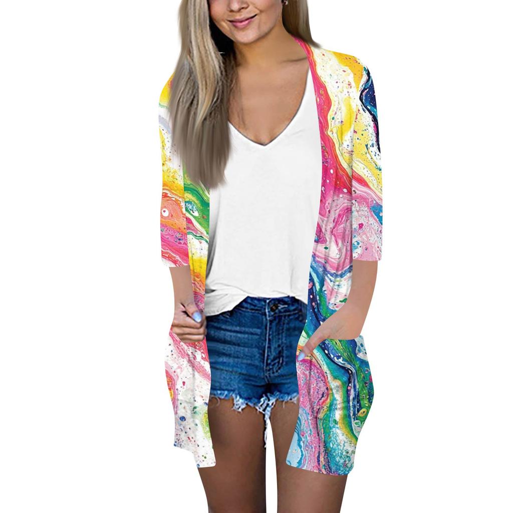 Женский модный свободный повседневный кардиган с принтом и карманами, куртка с рукавом семь восьмых, топ
