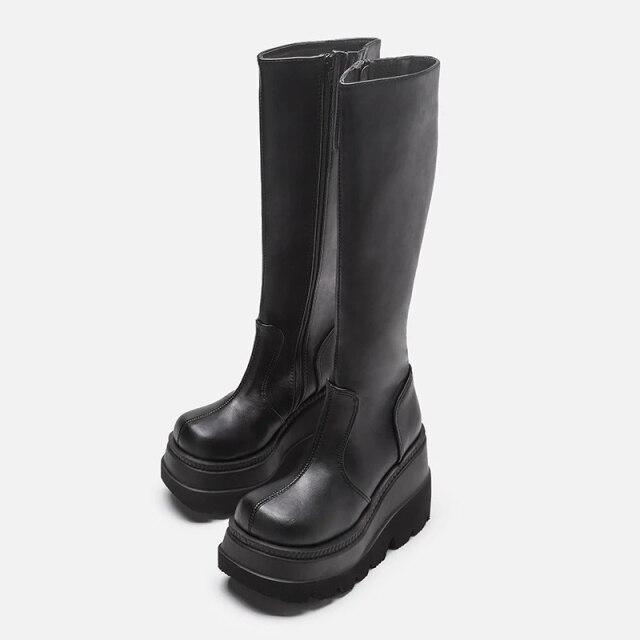 Platform Boots Women Wedge Knee High Boots Winter Ladies Shoes Leather Riding Zipper Thick Bottom Long Boots Autumn Fall