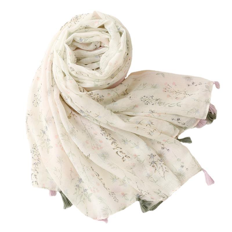 Four Seasons Fresh Plain Bali Yarn Cotton And Hemp Texture Scarf Womens White Small Aromat Flower Printed Tassel Silk Scarf Shall